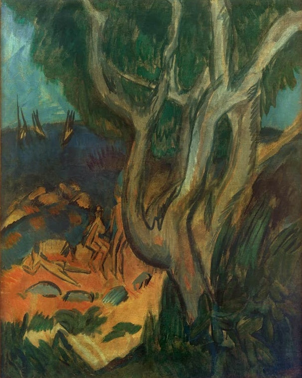 Knorriger Baum auf einem Hügel in Grün und Orange – Ernst Ludwig Kirchner Badende am Strand von Fehmarn Kunstkopie