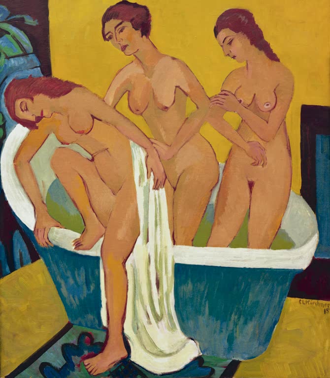 Drei Frauen in und an einer blauen Badewanne vor gelbem Grund – Ernst Ludwig Kirchner Badende Frauen Kunstkopie
