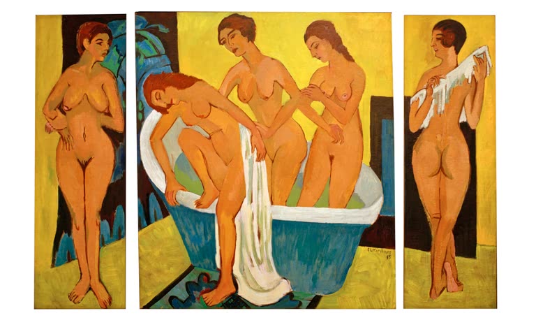 Dreiteiliges Bild mit badenden Frauen an einer blauen Wanne vor Gelb – Ernst Ludwig Kirchner Badende Frauen Kunstkopie