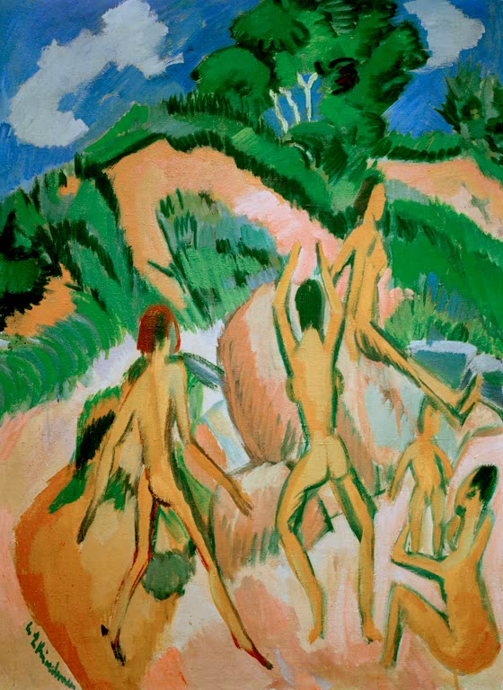 Mehrere Badende auf rosa Dünen unter blauem Himmel – Ernst Ludwig Kirchner Badende zwischen Dünen Kunstkopie