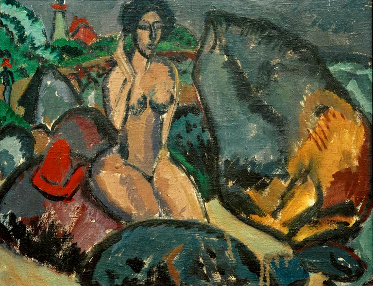 Nackte Frau sitzt zwischen großen Steinen am Ufer mit rotem Hut – Ernst Ludwig Kirchner Badende zwischen Steinen Kunstkopie