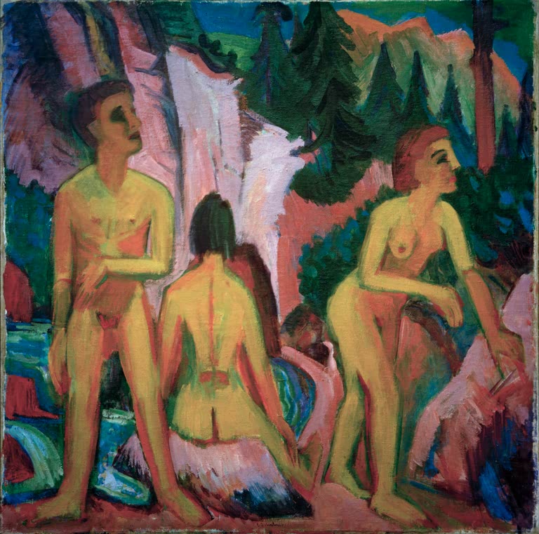 Drei Akte am Bergbach vor Felswand und Tannen – Ernst Ludwig Kirchner Badende Kunstkopie