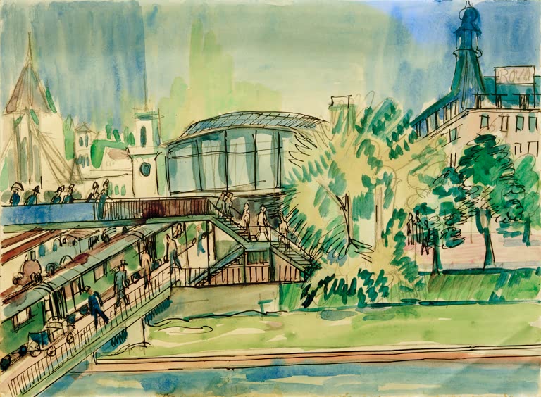 Bahnhofshalle mit Zügen, Bäumen und Wasser in grünem Aquarell – Ernst Ludwig Kirchner Bahnhof am Kanal Kunstkopie