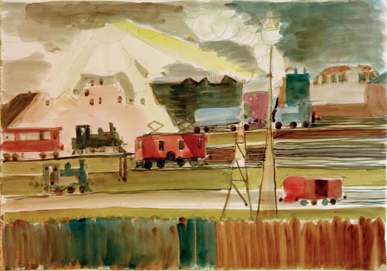 Güterzüge und rote Waggons unter dunklem Himmel – Ernst Ludwig Kirchner Bahnhof bei untergehender Sonne Kunstkopie