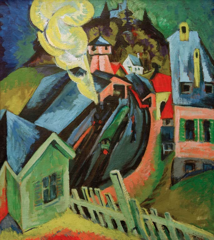 Dampfende Lokomotive zwischen Häusern und Gartenzaun – Ernst Ludwig Kirchner Bahnhof Königstein Kunstkopie