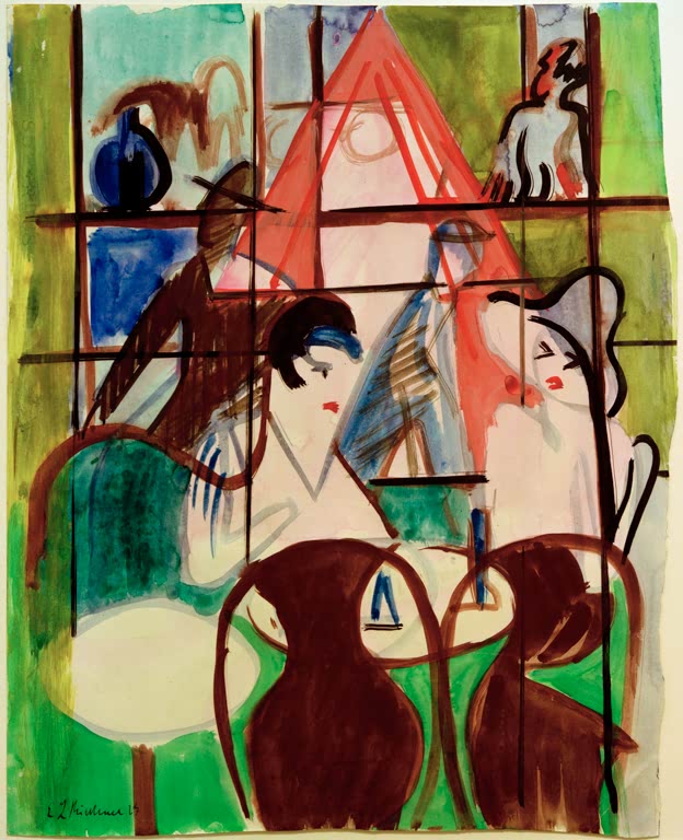 Zwei Frauen an Tischen vor großen Fenstern mit schwarzen Linien – Ernst Ludwig Kirchner Bahnhofscafé Kunstkopie