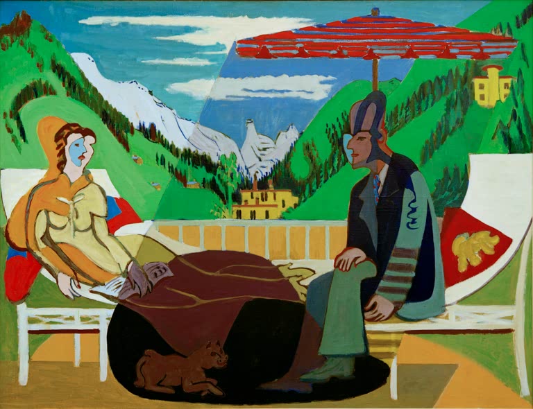 Zwei Figuren sitzen auf einem Balkon vor Bergtal und rotem Sonnenschirm – Ernst Ludwig Kirchner Balkonszene Kunstkopie