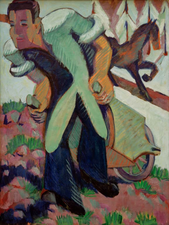 Mann im hellgrünen Mantel, dahinter ein Pferd und Tannen – Ernst Ludwig Kirchner Bauer, einen Schubkarren ziehend Kunstkopie