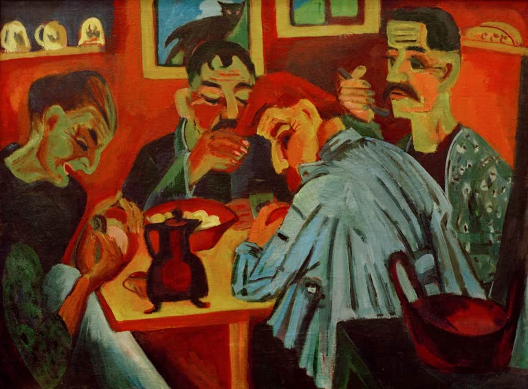 Mehrere Bauern essen am Tisch mit Kaffeekanne in einer roten Stube – Ernst Ludwig Kirchner Bauernmittag Kunstkopie