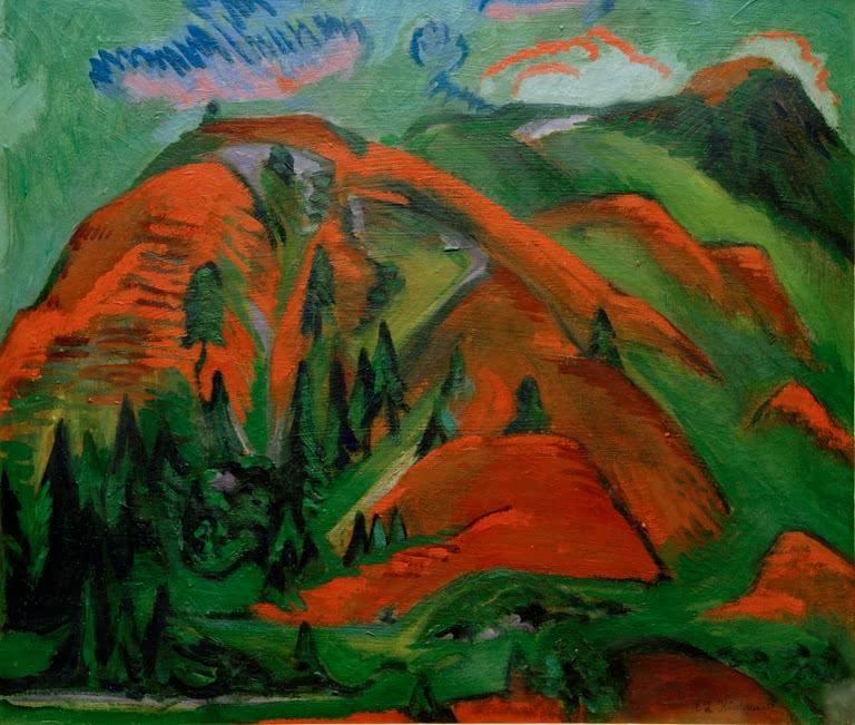 Roter Berghang über dunklen Tannen, am Himmel orange Wolken – Ernst Ludwig Kirchner Baumgrenze Kunstkopie