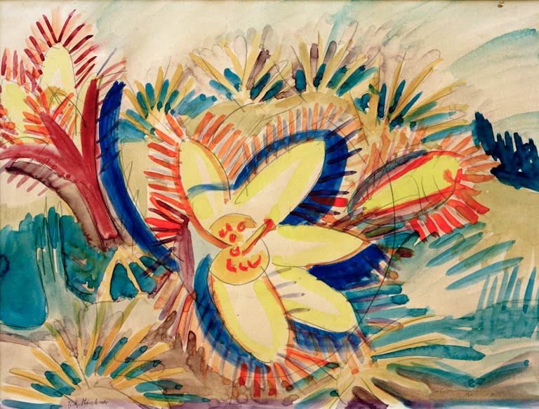 Große gelbe Blüte mit roten und blauen Strahlen auf buntem Grund – Ernst Ludwig Kirchner Berganemone Kunstkopie