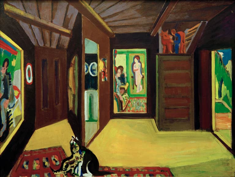 Holzatelier mit offenen Türen, bunten Bildern und einer Katze am Boden – Ernst Ludwig Kirchner Bergatelier Kunstkopie