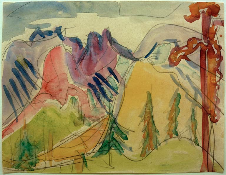 Bunte Berggipfel mit Tannen und rotem Baumstamm im Vordergrund – Ernst Ludwig Kirchner Berge bei Davos Kunstkopie
