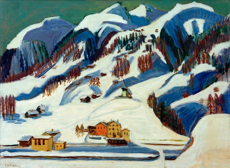 Verschneite Hänge, unten gelbe Häuser an einem Fluss – Ernst Ludwig Kirchner Berge und Häuser im Schnee Kunstkopie