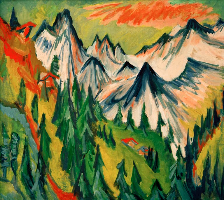 Zackige helle Gipfel über Tannen, am Himmel orangerote Wolken – Ernst Ludwig Kirchner Berggipfel Kunstkopie