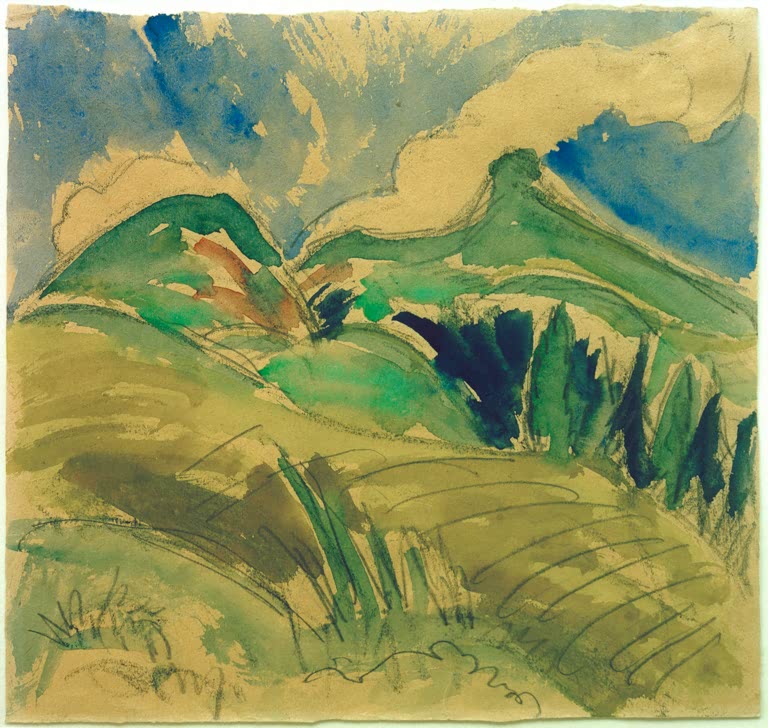 Grüne Hügel mit Tannen unter bewegtem Himmel – Ernst Ludwig Kirchner Berglandschaft bei Davos Kunstkopie