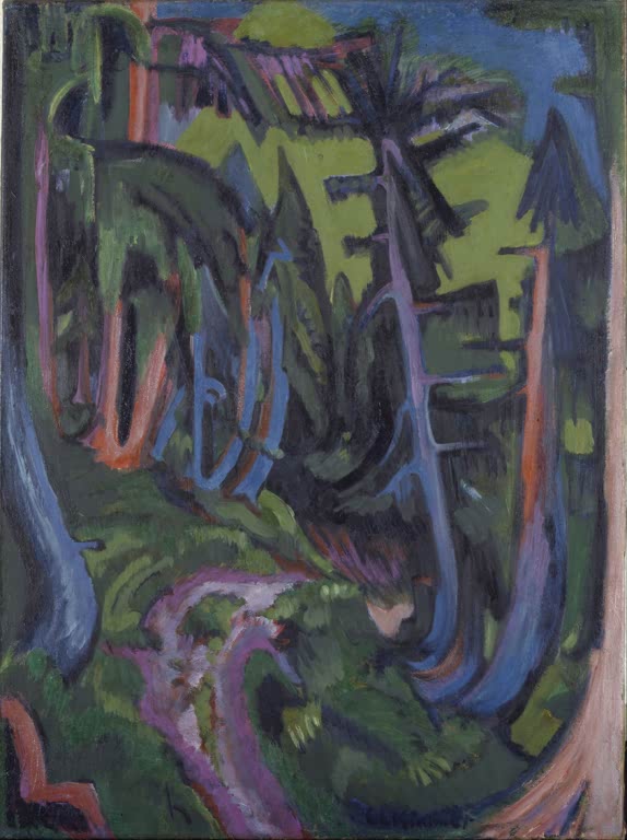 Dunkelblauer Waldweg mit verschlungenen Stämmen in Violett – Ernst Ludwig Kirchner Bergwaldweg Kunstkopie