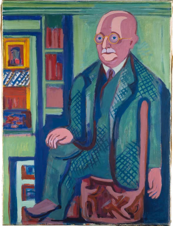 Älterer Herr mit Brille im grünen Anzug vor Bücherregal – Ernst Ludwig Kirchner Bildnis des Dr. Carl Hagemann Kunstkopie