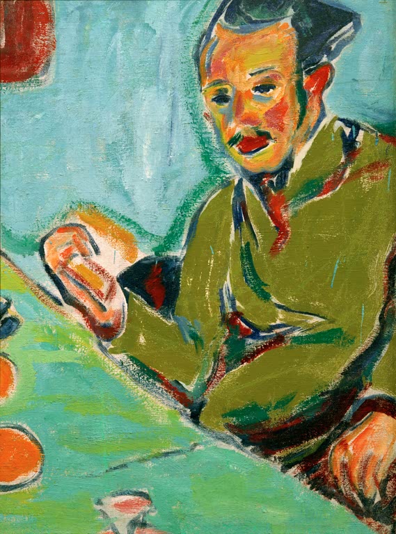 Mann in olivgrüner Jacke sitzt an einem türkisgrünen Tisch – Ernst Ludwig Kirchner Bildnis Erich Heckel Kunstkopie