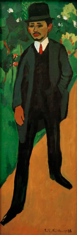 Schlanker Mann mit Hut im dunklen Anzug vor grünem Laub – Ernst Ludwig Kirchner Bildnis Erich Heckel Kunstkopie