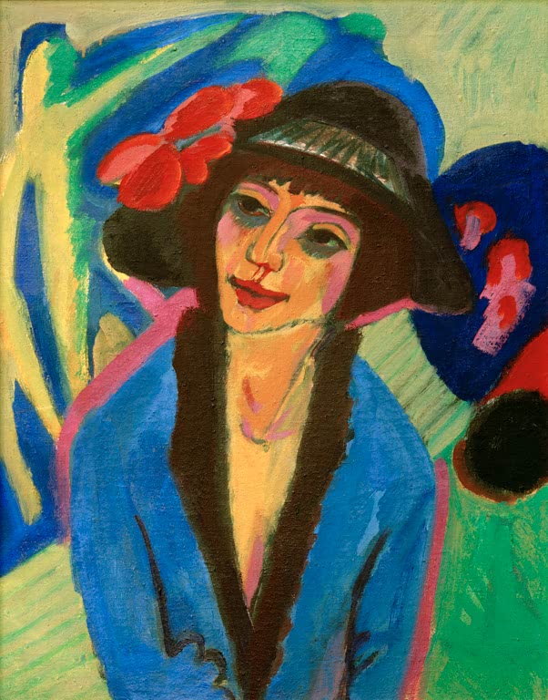 Porträt einer Frau mit schwarzem Hut, roten Blüten und blauem Mantel – Ernst Ludwig Kirchner Bildnis Gerda Kunstkopie