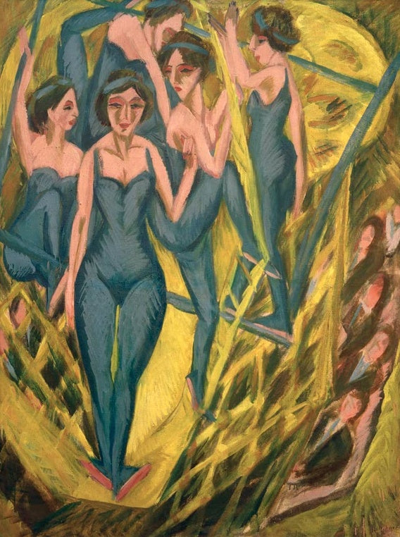 Ernst Ludwig Kirchner Blaue Artisten Kunstkopie, vier Artistinnen in blauen Trikots vor gelbem Zirkushintergrund