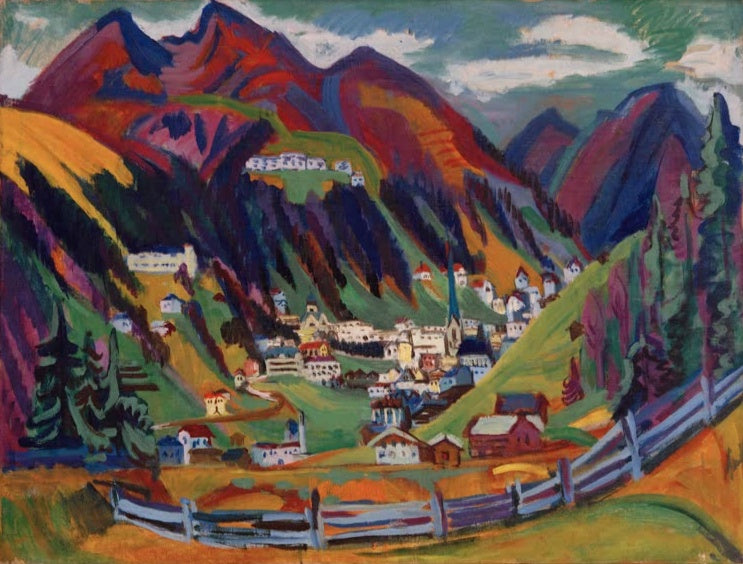 Blick in ein Bergtal mit Ortschaft, Lattenzaun und violetten Bergen – Ernst Ludwig Kirchner Blick auf Davos Kunstkopie