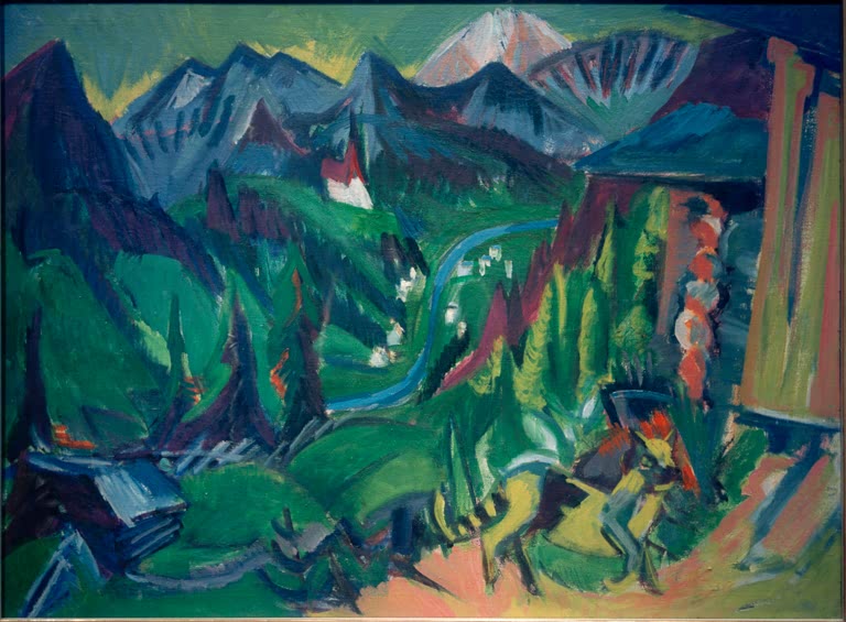 Alpental mit Bergkette, Fluss und Wald in kräftigem Blau und Grün – Ernst Ludwig Kirchner Blick ins Tal Kunstkopie