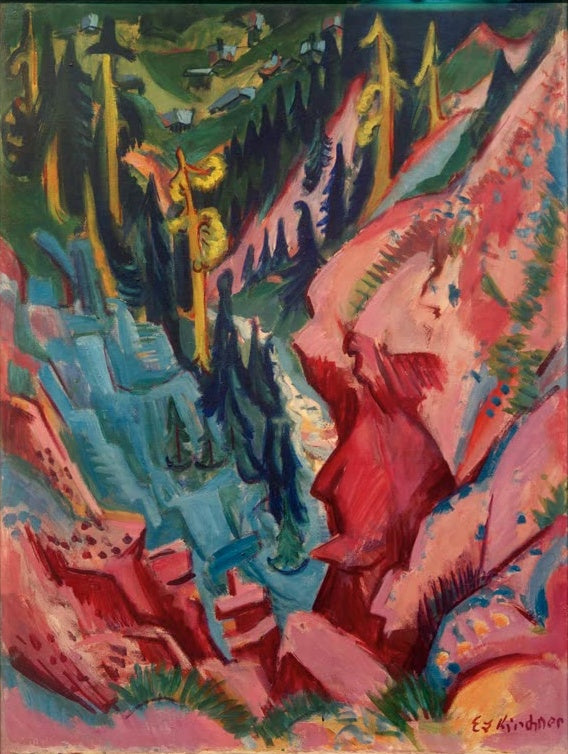 Rosa Felswände und Tannen in einer steilen Schlucht – Ernst Ludwig Kirchner Blick ins Tobel Kunstkopie
