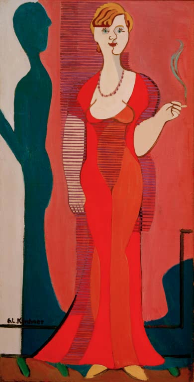 Blonde Frau in langem roten Kleid raucht vor rotem Hintergrund – Ernst Ludwig Kirchner Blonde Frau in rotem Kleid Kunstkopie