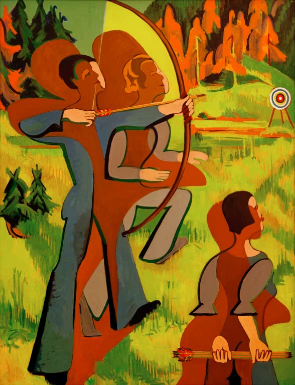 Bogenschützen zielen auf eine Scheibe, davor ein Mädchen mit Köcher – Ernst Ludwig Kirchner Bogenschützen Kunstkopie