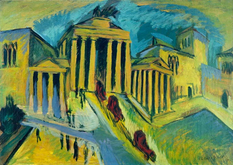 Brandenburger Tor in Gelb und Blau mit Kutschen auf dem Platz – Ernst Ludwig Kirchner Brandenburger Tor, Berlin Kunstkopie