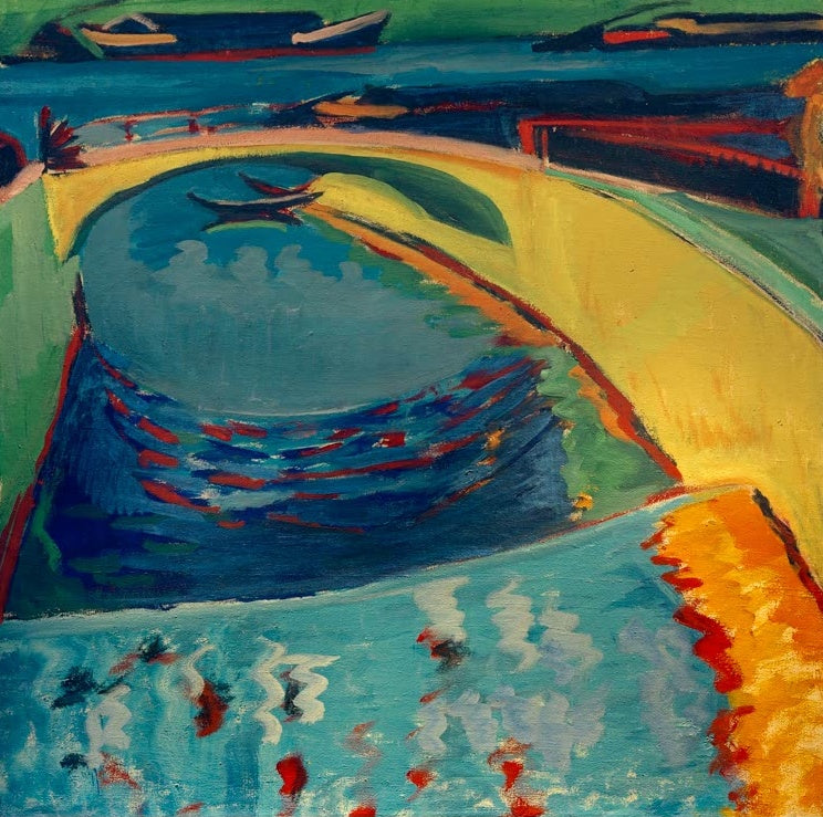 Blauer Teich mit gelbem Ufer unter einer Brücke – Ernst Ludwig Kirchner Brücke an der Prießnitzmündung Kunstkopie