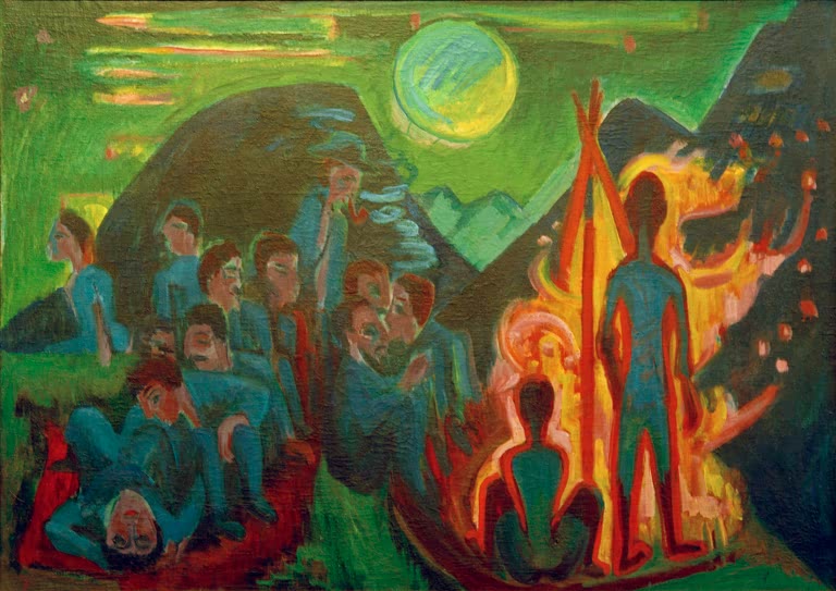 Menschen sitzen um ein Feuer in den Bergen unter grünem Mond – Ernst Ludwig Kirchner Bundesfeuer Kunstkopie