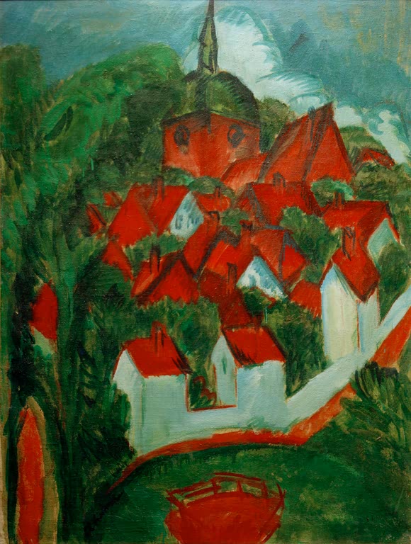 Rote Dächer und Kirchturm zwischen dichtem Grün – Ernst Ludwig Kirchner Burg auf Fehmarn Kunstkopie