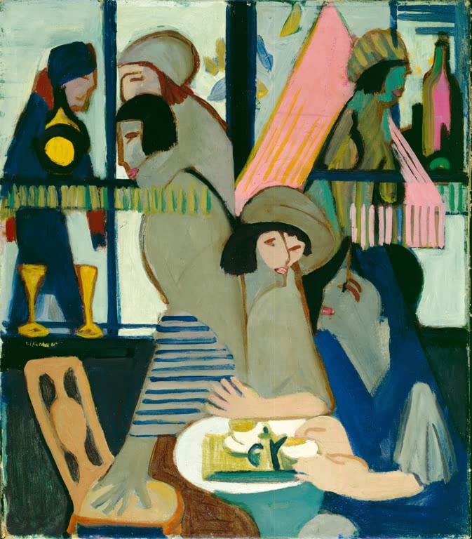 Frauen mit Hüten an Tischen eines Cafés vor einer Fensterfront – Ernst Ludwig Kirchner Café Kunstkopie