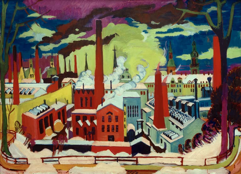 Fabrikschlote, rote Backsteinhallen und Rauchwolken im Winter – Ernst Ludwig Kirchner Chemnitzer Fabriken Kunstkopie