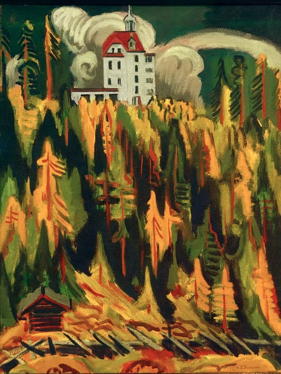 Weißes Schloss über herbstlich leuchtendem Tannenwald – Ernst Ludwig Kirchner Clavadel im Herbst Kunstkopie