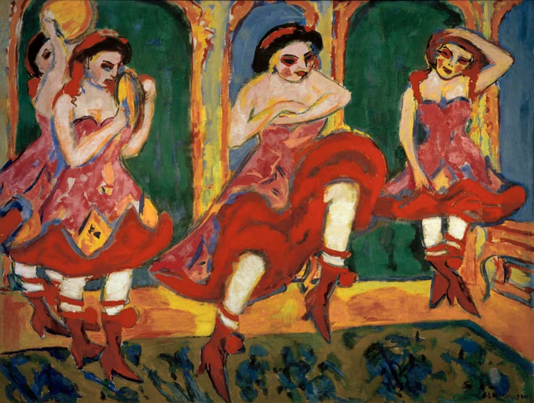 Drei Tänzerinnen in roten Röcken und Stiefeln auf der Bühne – Ernst Ludwig Kirchner Czardastänzerinnen Kunstkopie