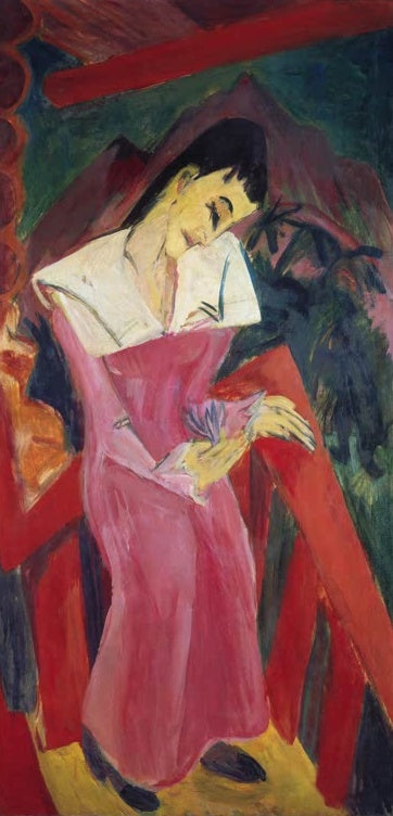 Sitzende Frau in rosa Kleid mit weißem Kragen auf rotem Stuhl – Ernst Ludwig Kirchner Dame in Rosa Kunstkopie