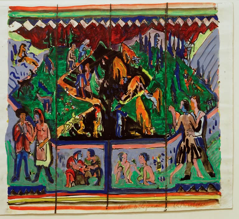 Bunter Teppichentwurf mit Figuren, Bäumen und einem Zaun in Grün, Rot und Blau – Ernst Ludwig Kirchner Das Leben Kunstkopie