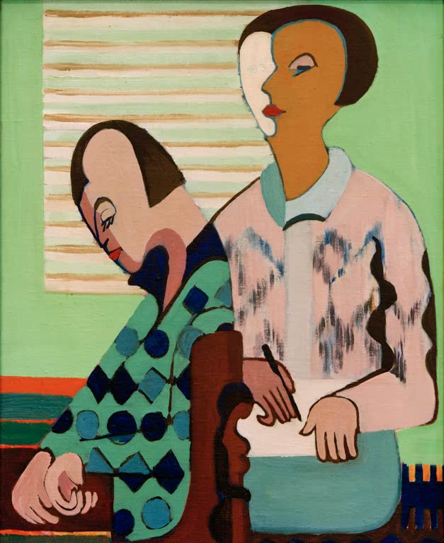 Zwei Figuren in gemusterten Jacken vor grüner Wand – Ernst Ludwig Kirchner Das Paar. Selbstbildnis mit Erna Kunstkopie