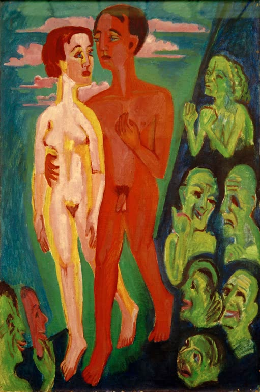 Nacktes Paar geht vor grünen, fratzenhaften Gesichtern vorbei – Ernst Ludwig Kirchner Das Paar vor den Menschen Kunstkopie