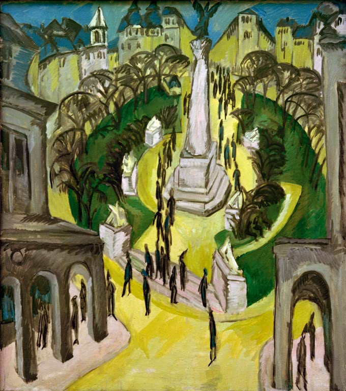 Kreisrunder Platz mit Säule, Bäumen und vielen kleinen Figuren in gelbem Licht – Ernst Ludwig Kirchner Das Rondell Kunstkopie