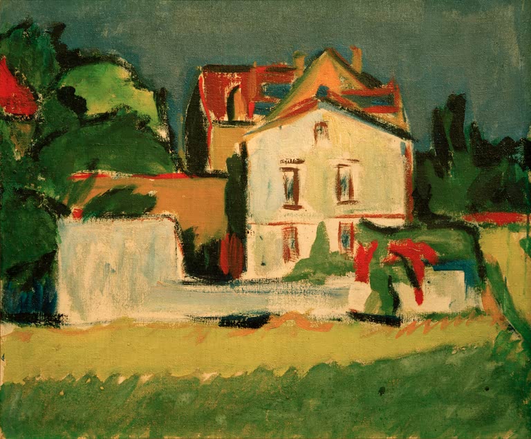 Weißes Haus mit rotem Dach hinter Mauer und grünen Bäumen – Ernst Ludwig Kirchner Das weiße Haus Kunstkopie