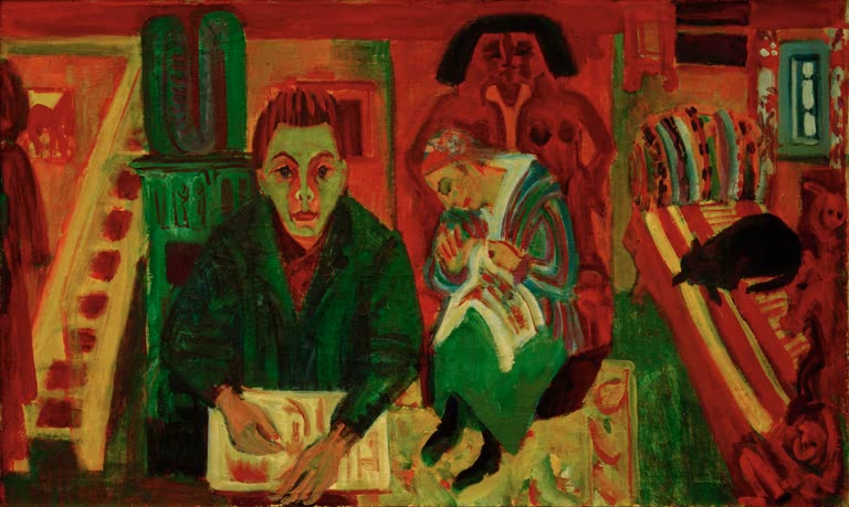 Familie in einem roten Wohnraum mit Ofen, Kind und schwarzer Katze – Ernst Ludwig Kirchner Das Wohnzimmer Kunstkopie