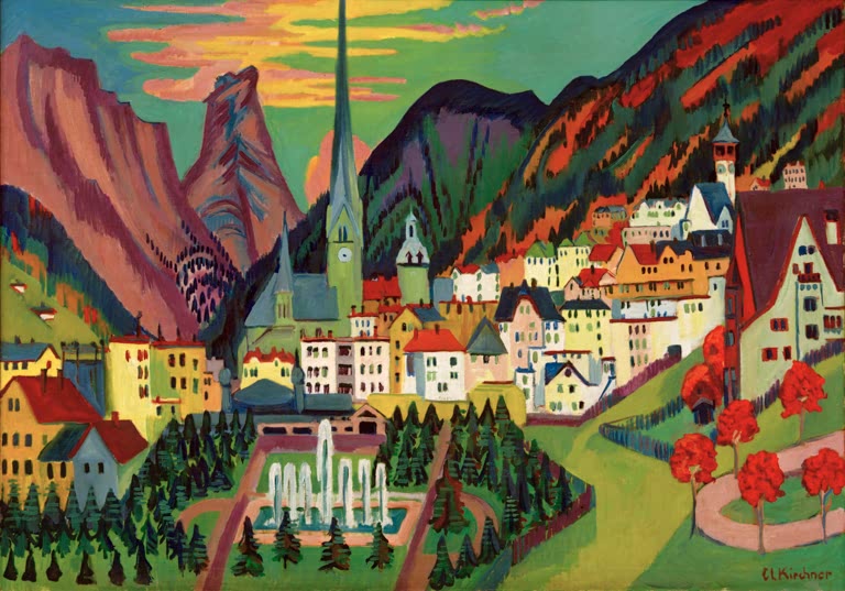 Stadt mit Kirchturm im Bergtal, Springbrunnen und rote Bäume – Ernst Ludwig Kirchner Davos mit Kirche Kunstkopie