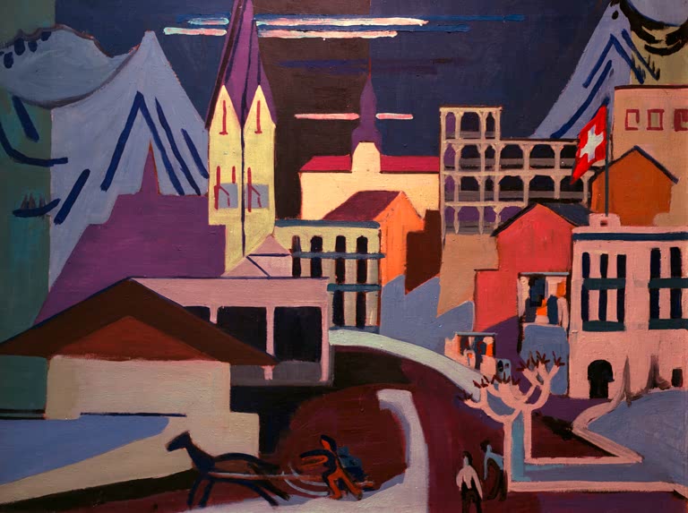 Kirchtürme und Hotels am Bahnhofsplatz, ein Pferdeschlitten – Ernst Ludwig Kirchner Davos – Platz am Bahnhof Kunstkopie