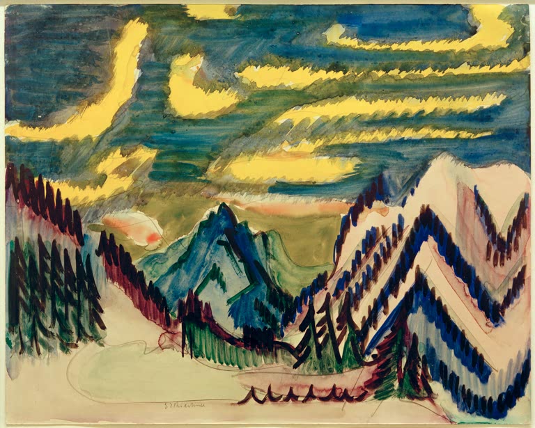 Zackige Berge, Tannen und gelbe Wolkenbänder in Aquarell – Ernst Ludwig Kirchner Davoser Gebirgslandschaft Kunstkopie