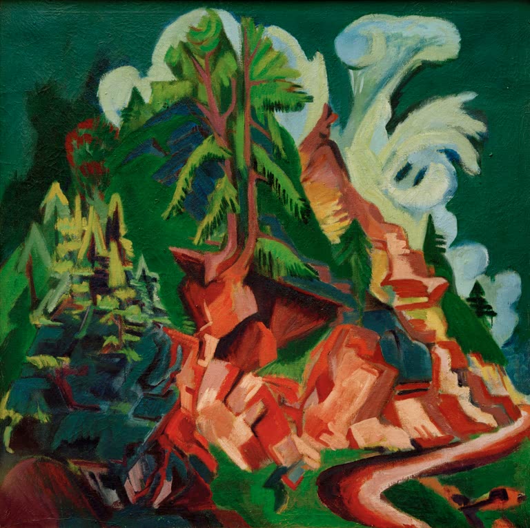 Roter Felsabbruch mit Tanne vor grünem Grund, Weg unten rechts – Ernst Ludwig Kirchner Der Berg. Der Weg zu Stafel Kunstkopie